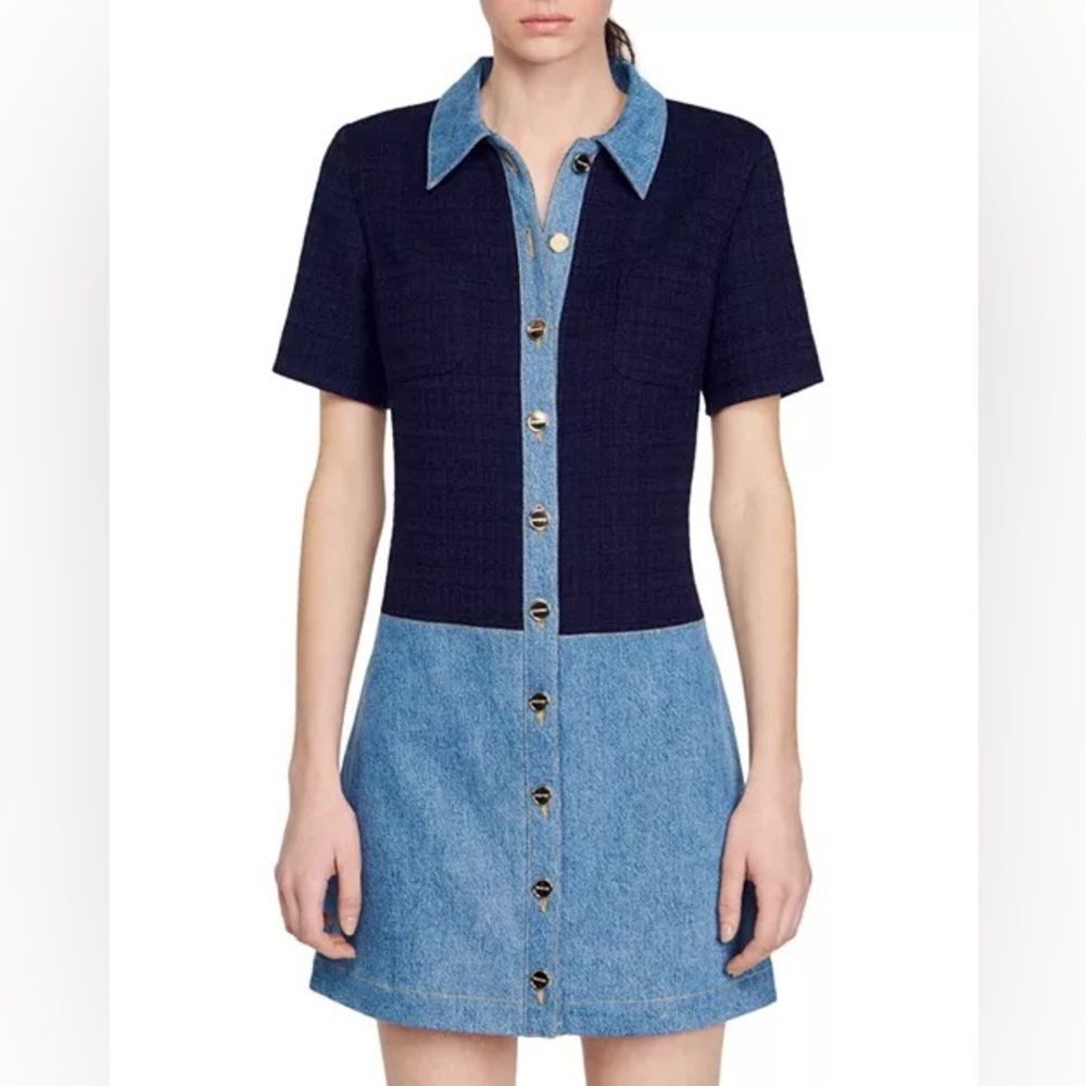 Sandro Brooke Mixed Media Shirt Dress Size US 2 / FR 34 Blue Tweed and Denim - Picture 1 of 16